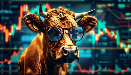 Wall Mural - Stylish digital bull embodying stock market trends, sporting glasses, framed by dynamic financial graphs and data visuals