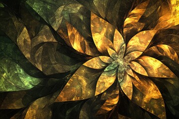 Poster - Stunning modern high resolution abstract fractal background featuring an intricate floral design with crystal like geometric leaves in shades of dark yellow green and brown