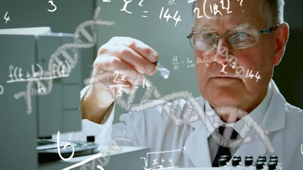 Poster - Animation of mathematical equations and dna strands over caucasian male scientist in lab