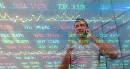 Poster - Animation of financial data processing over biracial man talking on smartphone