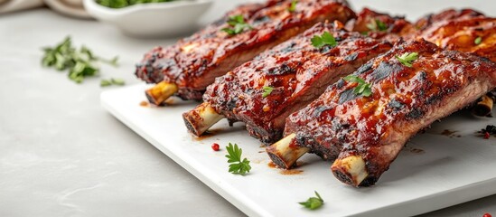 Aufkleber - Cooked marinated pork BBQ ribs on a white ceramic cutting board with a white and grey background Copyspace room for text