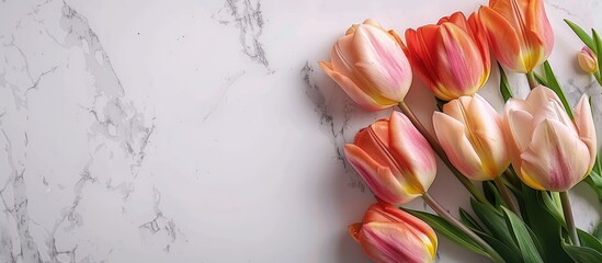 Poster - Easter greeting card featuring a bouquet of tulip flowers Set against a stone wall with space for your message. with copy space image. Place for adding text or design