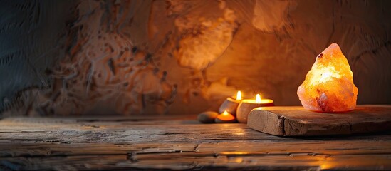 Aufkleber - Himalayan salt lamp on a wooden table next to a brown wall space for text. with copy space image. Place for adding text or design