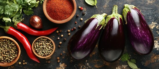 Leinwandbilder - Image featuring eggplant and various kitchen spices. with copy space image. Place for adding text or design