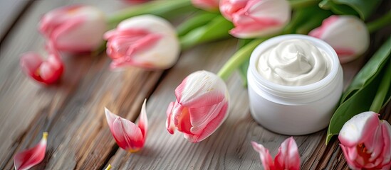 Aufkleber - Face cream and body lotion accompanied by tulip flowers on a white wooden table background. with copy space image. Place for adding text or design
