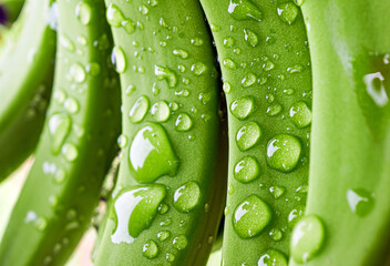 Wall Mural - Macro of water drop on green banana fruit, Close up dew drop on green banana fruit