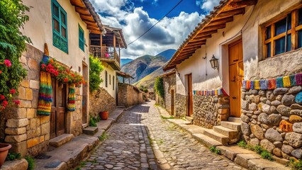 A cobblestone street in a small Peruvian town climbs a hill, flanked by rustic adobe buildings and embellished with vibrant murals depicting Andean culture.