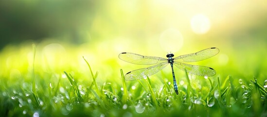 Poster - Dragonfly on grass with a green backdrop. with copy space image. Place for adding text or design