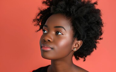 African American woman with a confident smirk, looking sideways isolated on a coral background, JPG Portrait image.