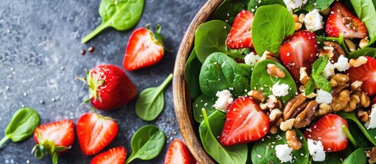 Poster - Diet menu Nutritious salad featuring fresh strawberries spinach leaves nuts and feta cheese drizzled with balsamic vinegar Vegan cuisine Long banner layout top view. with copy space image