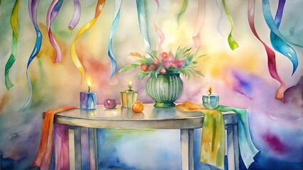 Colorful festive table arrangement with candles and flowers on a blurred rainbow background