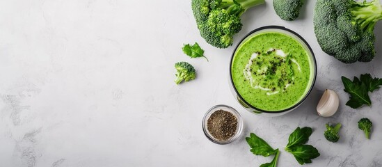 Fototapete - Prepare green cream soup with vegetables Broccoli spices and a blender on a white table top view copy space