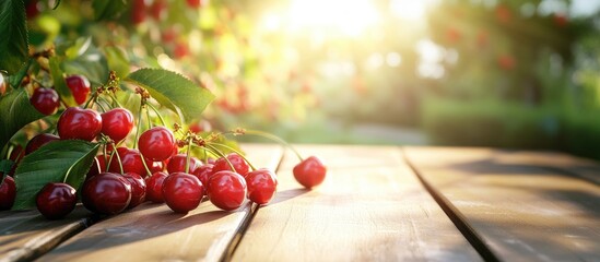 Poster - a bright and colorful cherry full of sweet juiciness situated on a sunny outdoor garden table with c