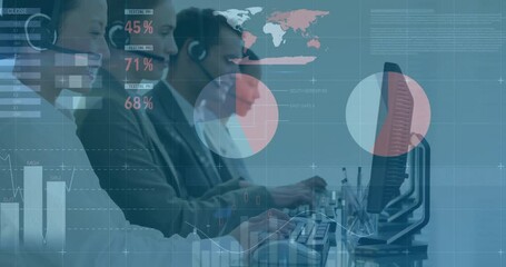 Poster - Animation of financial data processing over diverse colleagues using phone headsets and computers