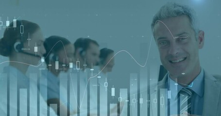 Poster - Animation of financial data processing over diverse colleagues using phone headsets and computers