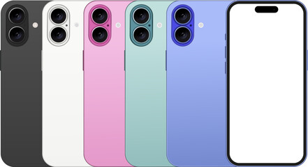 Poster - Set of New Phone - vector mockup on transparent background. Black, white, pink, teal, ultramarine. Phone mockups in front. Vector EPS 10