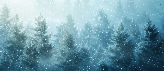 Poster - Snow was falling on the fir trees. with copy space image. Place for adding text or design