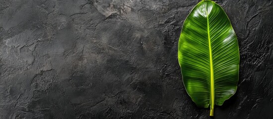 Poster - Banana leaf for serving food Banana leaf set against a black background Top view with copy space for text Menu recipe flat lay mockup banner background