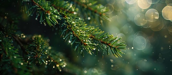 Aufkleber - Raindrops on Scots pine needles with a selective focus and shallow depth of field. with copy space image. Place for adding text or design