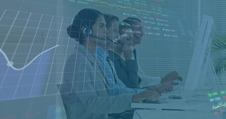 Poster - Animation of financial data processing over diverse colleagues using phone headsets and computers