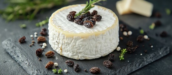 Poster - Round white homemade goat cheese on a slate board accompanied by raisins. with copy space image. Place for adding text or design