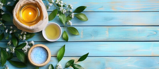 Poster - Spa arrangement featuring tea tree oil on a blue wooden surface. with copy space image. Place for adding text or design