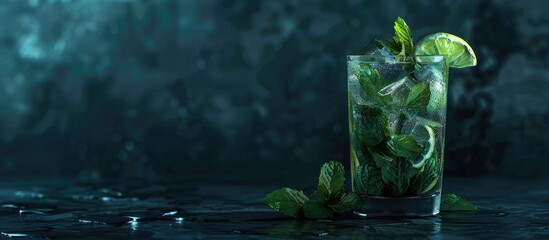 Fototapete - Freshly made Mojito cocktail against a dark background Summer drinks idea Front view Copy space