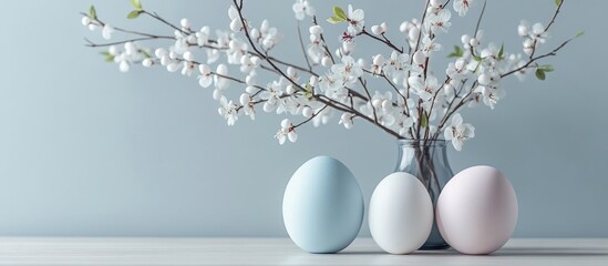 Simple Easter decoration featuring an egg on a branch in a bottle set against a white background. with copy space image. Place for adding text or design