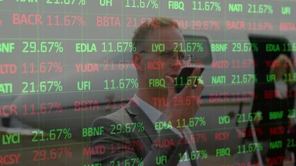 Poster - Animation of financial data processing over caucasian businessman using smartphone
