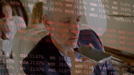Poster - Animation of financial data processing over caucasian businessman using smartphone