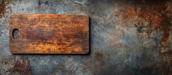 Poster - Top view of a wooden cutting board on a weathered rusty metal countertop. with copy space image. Place for adding text or design