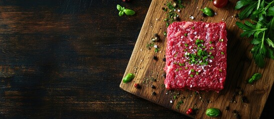 Poster - Block of fresh minced beef cut on a wooden cutting board with copy space seen from above