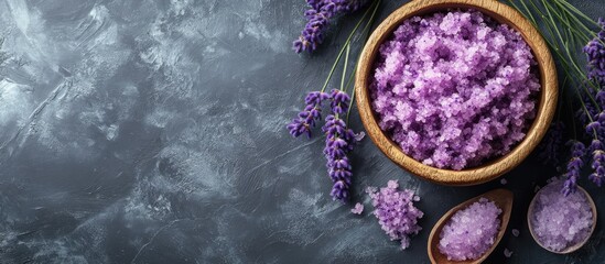 Poster - Handmade Lavender Scrub with Coconut Oil Lavender Tonic Spa Set Toiletries. with copy space image. Place for adding text or design