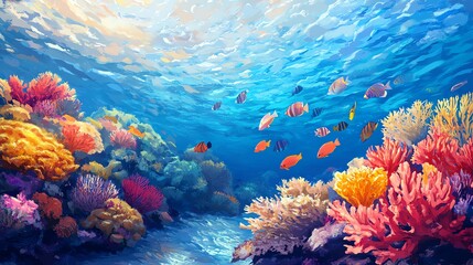 Wall Mural - Vibrant underwater scene showcasing colorful coral reefs and lively tropical fish swimming gracefully in clear blue water.