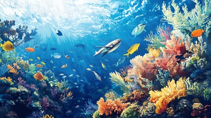 Vibrant underwater scene showcasing diverse coral reefs and colorful fish swimming in clear blue water, ideal for marine-themed projects.