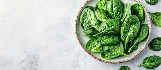 Poster - A group of fresh spinach leaves on a plate against a light background Horizontal layout Copy space Top view Vegan cuisine Nutritious and delicious greens