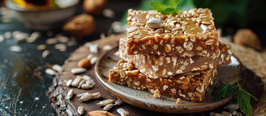 Poster - Delicious sweet halva made from sunflower seeds set against a dark black background with copyspace Close up view