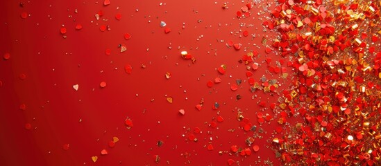 Poster - Border of shiny golden confetti on a red background viewed from above Room for text. with copy space image. Place for adding text or design