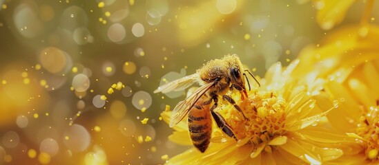 Poster - A bee gathers pollen and nectar from a vibrant yellow flower adorned with morning dew copyspace on the right with a selective focus on the bee