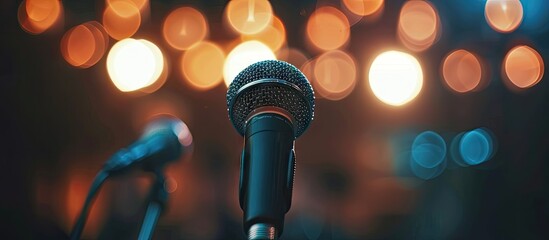 Poster - Microphone on abstract blur of speech in a seminar room or conference hall light Bokeh background. with copy space image. Place for adding text or design