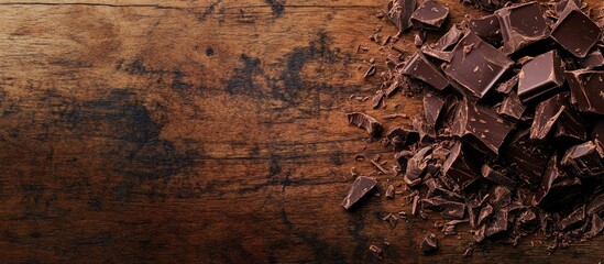 Leinwandbilder - Chopped dark chocolate and chocolate shavings on a wooden table. with copy space image. Place for adding text or design