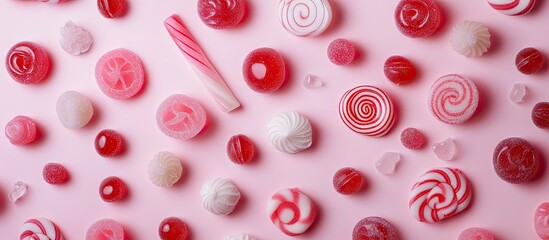 Poster - Various jelly candies and lollipops on a pink background flat lay Room for text. with copy space image. Place for adding text or design