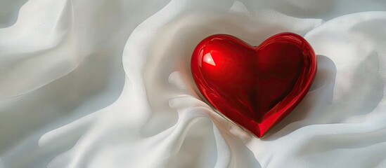 Poster - Red Box Jewelry heart positioned on white fabric. with copy space image. Place for adding text or design