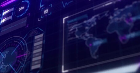 Poster - Animation of financial data processing with world map and globe on black background