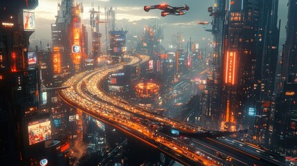 Wall Mural - Futuristic cityscape with smart roads and flying cars: A vibrant city with elevated highways and flying vehicles.