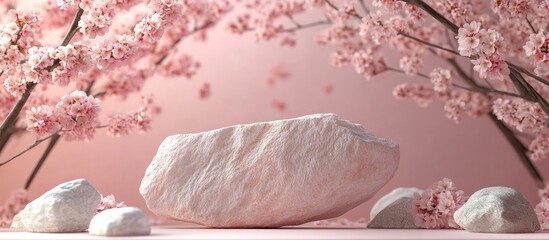 Poster - Wide banner featuring a stone display for presentation Minimalist branding setting with vibrant cherry blossoms and pastel colors. with copy space image. Place for adding text or design