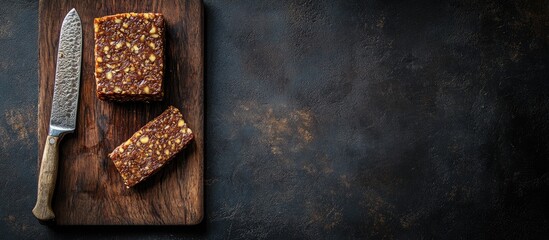 Poster - Fresh raw tempeh on a cutting board with a knife for chopping Concept of food preparation. with copy space image. Place for adding text or design