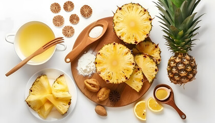 Wall Mural - Board with tasty pineapple cake and ingredients isolated on white, top view