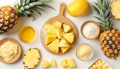 Canvas Print - Board with tasty pineapple cake and ingredients isolated on white, top view