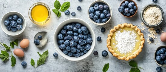 Poster - Ingredients for making blueberry pie seen from above Overhead top view flat lay. with copy space image. Place for adding text or design